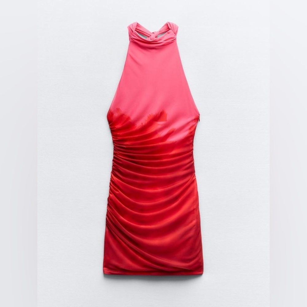 Zara Halter Printed Tulle Dress XS pink and red worn once! Perfect condition